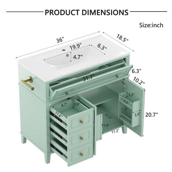 English Elm 36 Inch Freestanding Bathroom Vanity Pine Wood Cabinet with Ceramic Sink Matte Gold Sage Green W5271S00008
