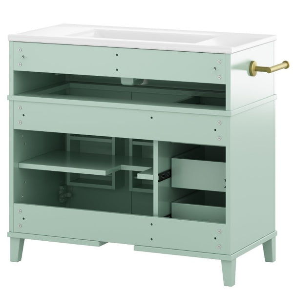 English Elm 36 Inch Freestanding Bathroom Vanity Pine Wood Cabinet with Ceramic Sink Matte Gold Sage Green W5271S00008