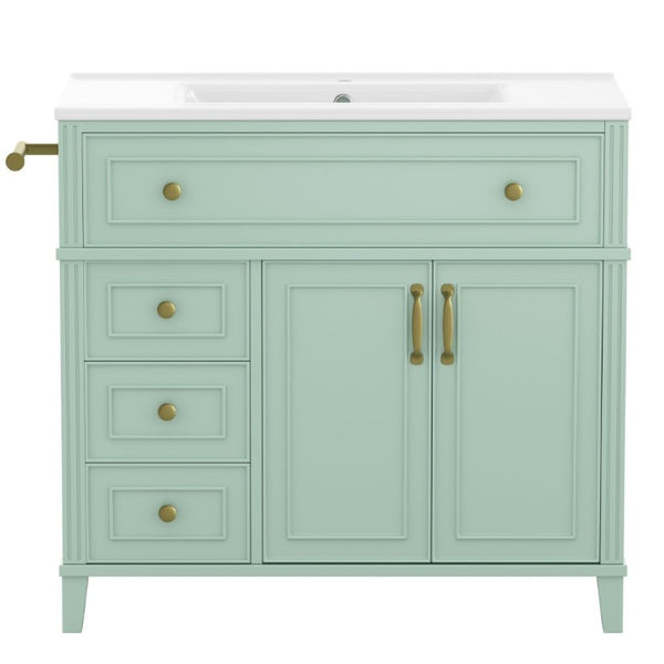 English Elm 36 Inch Freestanding Bathroom Vanity Pine Wood Cabinet with Ceramic Sink Matte Gold Sage Green W5271S00008