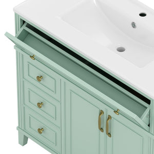 English Elm 36 Inch Freestanding Bathroom Vanity Pine Wood Cabinet with Ceramic Sink Matte Gold Sage Green W5271S00008