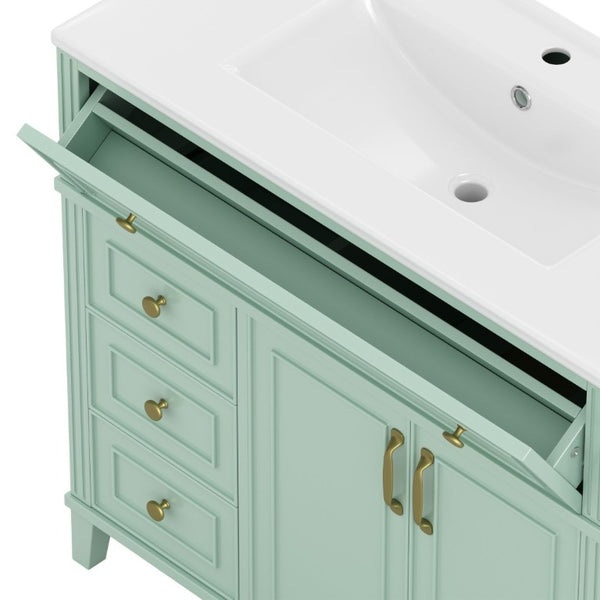 English Elm 36 Inch Freestanding Bathroom Vanity Pine Wood Cabinet with Ceramic Sink Matte Gold Sage Green W5271S00008