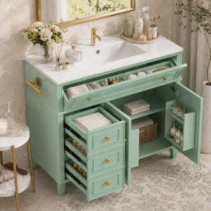 English Elm 36 Inch Freestanding Bathroom Vanity Pine Wood Cabinet with Ceramic Sink Matte Gold Sage Green W5271S00008