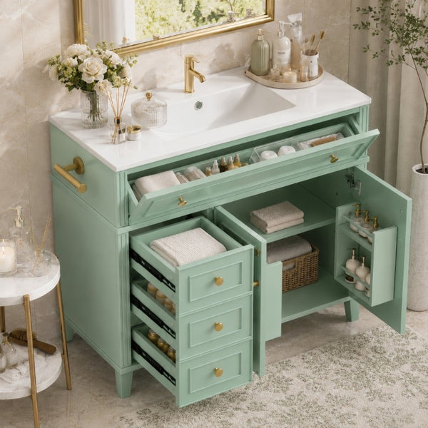English Elm 36 Inch Freestanding Bathroom Vanity Pine Wood Cabinet with Ceramic Sink Matte Gold Sage Green W5271S00008
