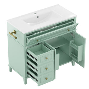 English Elm 36 Inch Freestanding Bathroom Vanity Pine Wood Cabinet with Ceramic Sink Matte Gold Sage Green W5271S00008