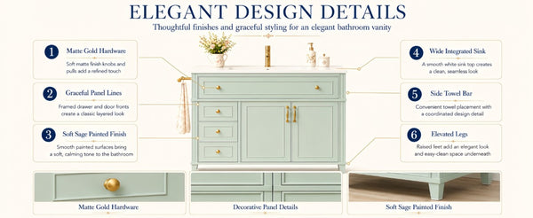 English Elm 36 Inch Freestanding Bathroom Vanity Pine Wood Cabinet with Ceramic Sink Matte Gold Sage Green W5271S00008