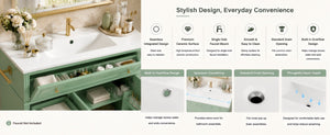 English Elm 36 Inch Freestanding Bathroom Vanity Pine Wood Cabinet with Ceramic Sink Matte Gold Sage Green W5271S00008