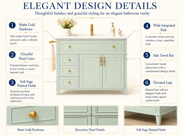 English Elm 36 Inch Freestanding Bathroom Vanity Pine Wood Cabinet with Ceramic Sink Matte Gold Sage Green W5271S00008