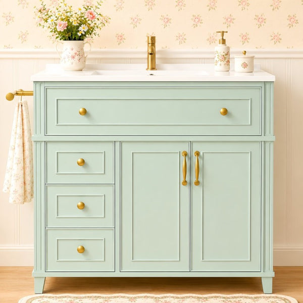 English Elm 36 Inch Freestanding Bathroom Vanity Pine Wood Cabinet with Ceramic Sink Matte Gold Sage Green W5271S00008