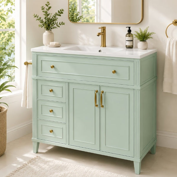 English Elm 36 Inch Freestanding Bathroom Vanity Pine Wood Cabinet with Ceramic Sink Matte Gold Sage Green W5271S00008