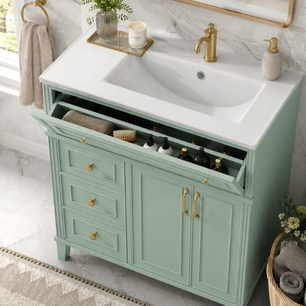 English Elm 36 Inch Freestanding Bathroom Vanity Pine Wood Cabinet with Ceramic Sink Matte Gold Sage Green W5271S00008