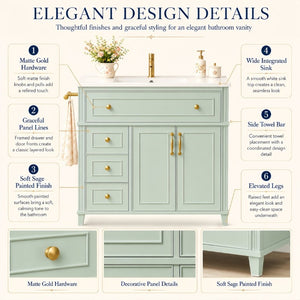 English Elm 36 Inch Freestanding Bathroom Vanity Pine Wood Cabinet with Ceramic Sink Matte Gold Sage Green W5271S00008