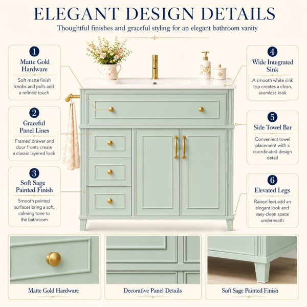 English Elm 36 Inch Freestanding Bathroom Vanity Pine Wood Cabinet with Ceramic Sink Matte Gold Sage Green W5271S00008