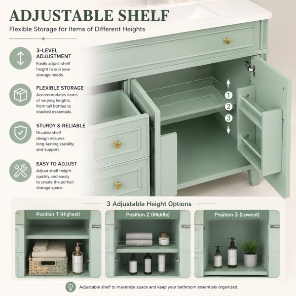 English Elm 36 Inch Freestanding Bathroom Vanity Pine Wood Cabinet with Ceramic Sink Matte Gold Sage Green W5271S00008