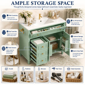 English Elm 36 Inch Freestanding Bathroom Vanity Pine Wood Cabinet with Ceramic Sink Matte Gold Sage Green W5271S00008