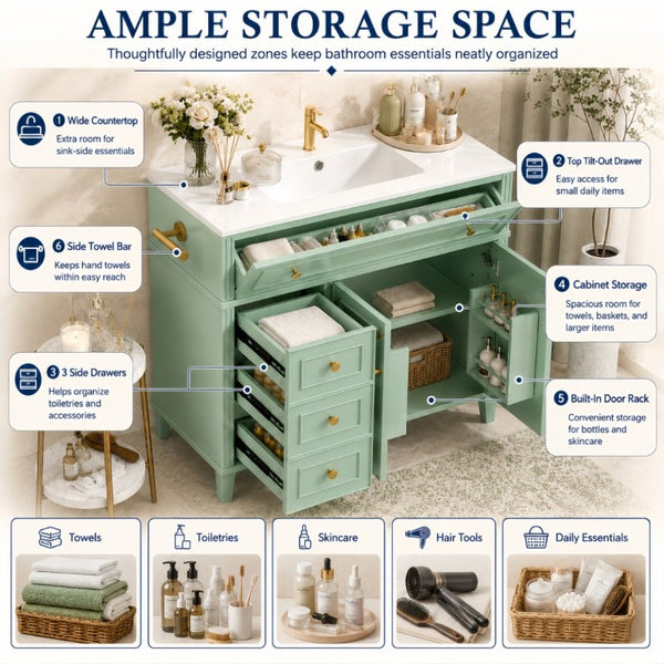 English Elm 36 Inch Freestanding Bathroom Vanity Pine Wood Cabinet with Ceramic Sink Matte Gold Sage Green W5271S00008