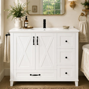 English Elm 36 Inch Freestanding Bathroom Vanity Solid Pine Cabinet with Ceramic Sink and 4 Drawers White W5271S00009