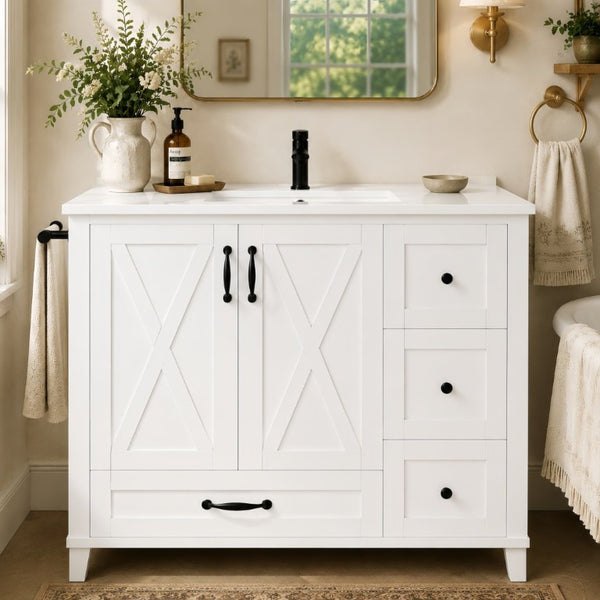 English Elm 36 Inch Freestanding Bathroom Vanity Solid Pine Cabinet with Ceramic Sink and 4 Drawers White W5271S00009