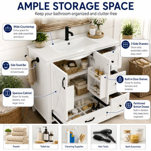 English Elm 36 Inch Freestanding Bathroom Vanity Solid Pine Cabinet with Ceramic Sink and 4 Drawers White W5271S00009