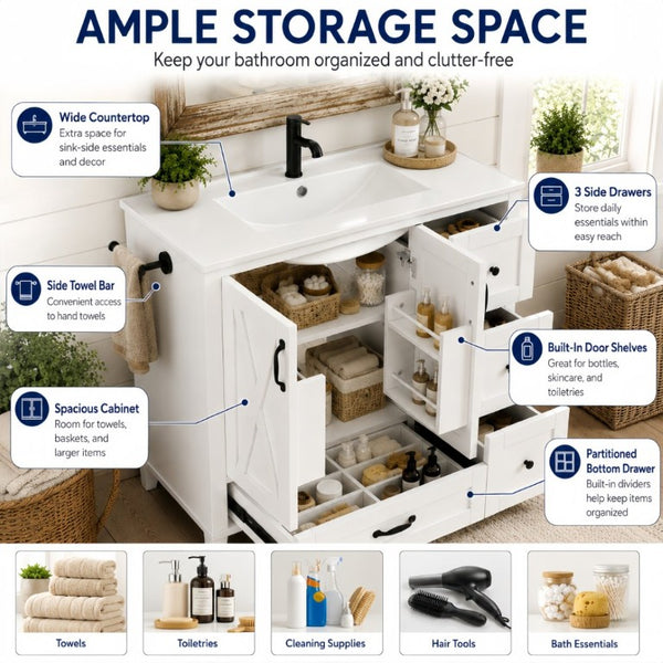English Elm 36 Inch Freestanding Bathroom Vanity Solid Pine Cabinet with Ceramic Sink and 4 Drawers White W5271S00009