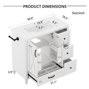 English Elm 36 Inch Freestanding Bathroom Vanity Solid Pine Cabinet with Ceramic Sink and 4 Drawers White W5271S00009