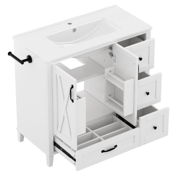 English Elm 36 Inch Freestanding Bathroom Vanity Solid Pine Cabinet with Ceramic Sink and 4 Drawers White W5271S00009