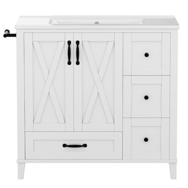 English Elm 36 Inch Freestanding Bathroom Vanity Solid Pine Cabinet with Ceramic Sink and 4 Drawers White W5271S00009