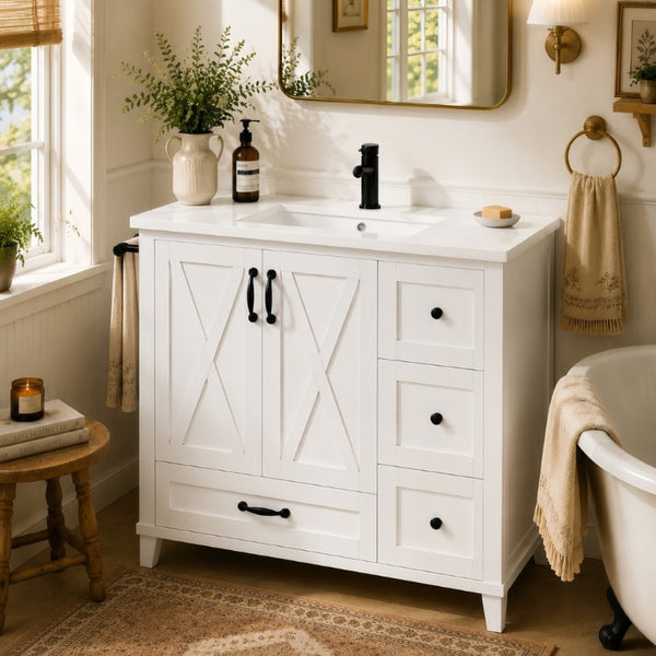 English Elm 36 Inch Freestanding Bathroom Vanity Solid Pine Cabinet with Ceramic Sink and 4 Drawers White W5271S00009