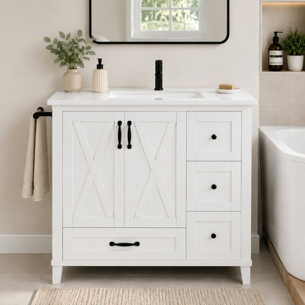 English Elm 36 Inch Freestanding Bathroom Vanity Solid Pine Cabinet with Ceramic Sink and 4 Drawers White W5271S00009