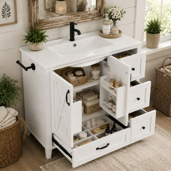 English Elm 36 Inch Freestanding Bathroom Vanity Solid Pine Cabinet with Ceramic Sink and 4 Drawers White W5271S00009