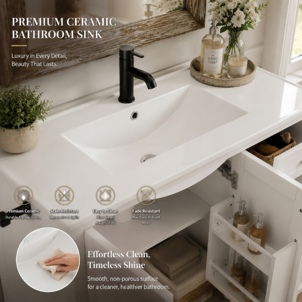 English Elm 36 Inch Freestanding Bathroom Vanity Solid Pine Cabinet with Ceramic Sink and 4 Drawers White W5271S00009