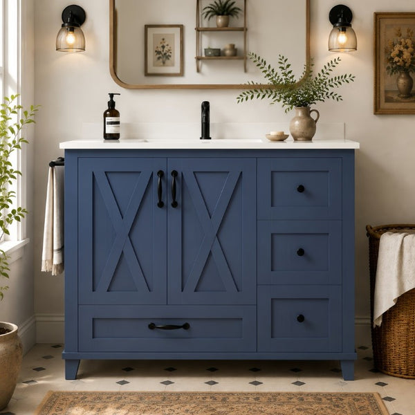 English Elm 36 Inch Freestanding Bathroom Vanity Solid Pine Cabinet with Ceramic Sink and 4 Drawers Navy Blue W5271S00010