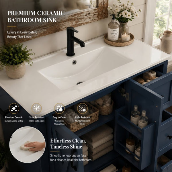 English Elm 36 Inch Freestanding Bathroom Vanity Solid Pine Cabinet with Ceramic Sink and 4 Drawers Navy Blue W5271S00010