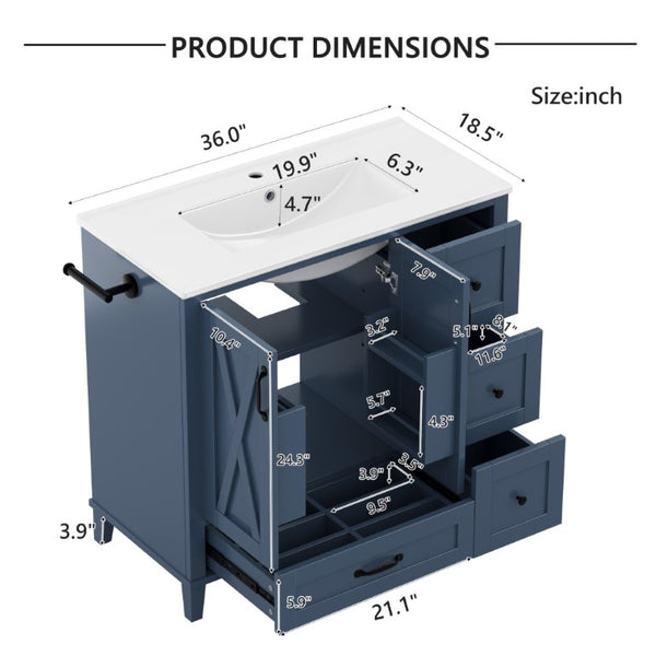 English Elm 36 Inch Freestanding Bathroom Vanity Solid Pine Cabinet with Ceramic Sink and 4 Drawers Navy Blue W5271S00010