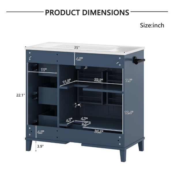 English Elm 36 Inch Freestanding Bathroom Vanity Solid Pine Cabinet with Ceramic Sink and 4 Drawers Navy Blue W5271S00010