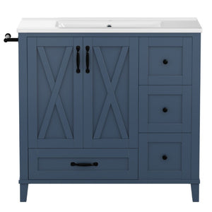 English Elm 36 Inch Freestanding Bathroom Vanity Solid Pine Cabinet with Ceramic Sink and 4 Drawers Navy Blue W5271S00010