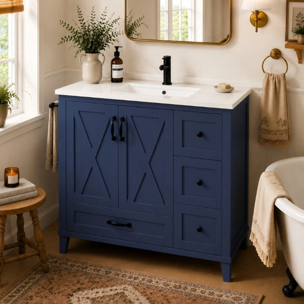 English Elm 36 Inch Freestanding Bathroom Vanity Solid Pine Cabinet with Ceramic Sink and 4 Drawers Navy Blue W5271S00010