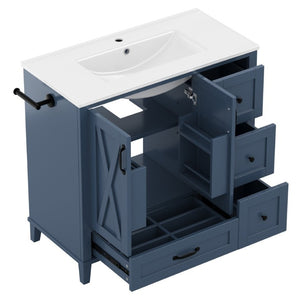 English Elm 36 Inch Freestanding Bathroom Vanity Solid Pine Cabinet with Ceramic Sink and 4 Drawers Navy Blue W5271S00010