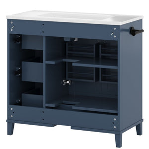 English Elm 36 Inch Freestanding Bathroom Vanity Solid Pine Cabinet with Ceramic Sink and 4 Drawers Navy Blue W5271S00010