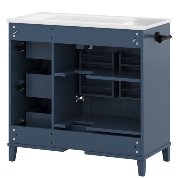 English Elm 36 Inch Freestanding Bathroom Vanity Solid Pine Cabinet with Ceramic Sink and 4 Drawers Navy Blue W5271S00010