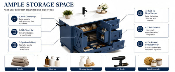 English Elm 36 Inch Freestanding Bathroom Vanity Solid Pine Cabinet with Ceramic Sink and 4 Drawers Navy Blue W5271S00010