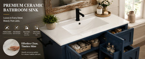 English Elm 36 Inch Freestanding Bathroom Vanity Solid Pine Cabinet with Ceramic Sink and 4 Drawers Navy Blue W5271S00010