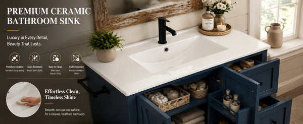 English Elm 36 Inch Freestanding Bathroom Vanity Solid Pine Cabinet with Ceramic Sink and 4 Drawers Navy Blue W5271S00010