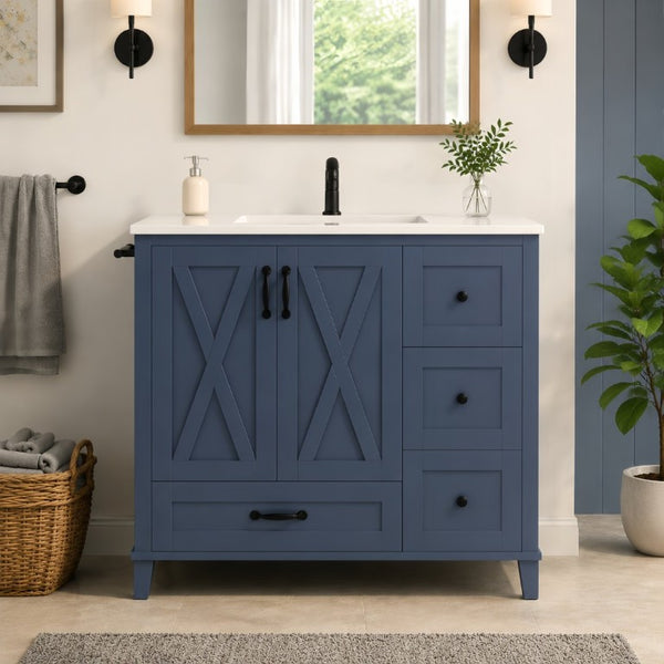 English Elm 36 Inch Freestanding Bathroom Vanity Solid Pine Cabinet with Ceramic Sink and 4 Drawers Navy Blue W5271S00010