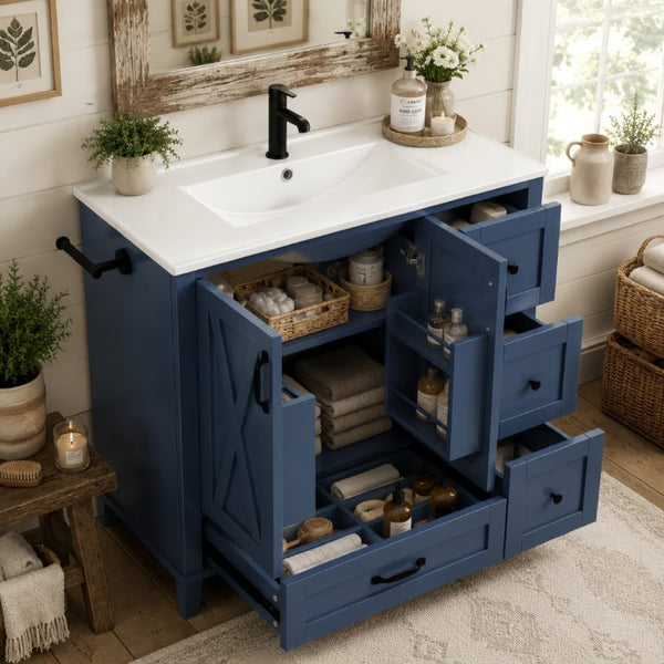 English Elm 36 Inch Freestanding Bathroom Vanity Solid Pine Cabinet with Ceramic Sink and 4 Drawers Navy Blue W5271S00010