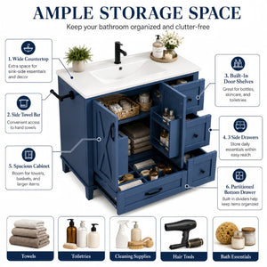 English Elm 36 Inch Freestanding Bathroom Vanity Solid Pine Cabinet with Ceramic Sink and 4 Drawers Navy Blue W5271S00010