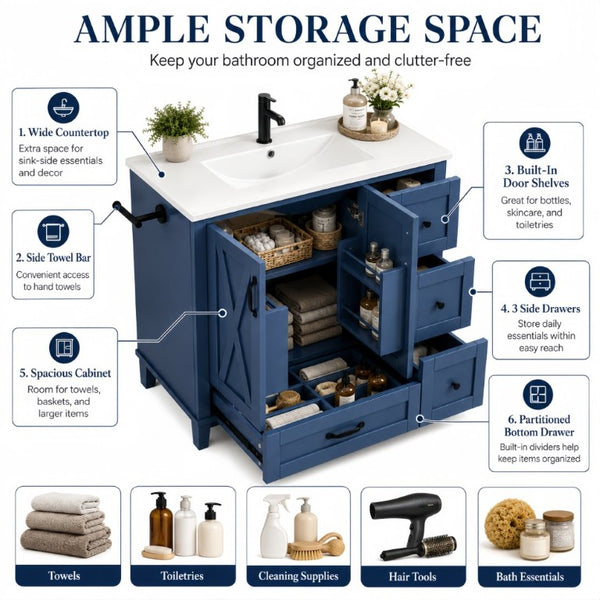 English Elm 36 Inch Freestanding Bathroom Vanity Solid Pine Cabinet with Ceramic Sink and 4 Drawers Navy Blue W5271S00010