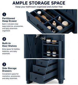 English Elm 36 Inch Freestanding Bathroom Vanity Solid Pine Cabinet with Ceramic Sink and 4 Drawers Navy Blue W5271S00010