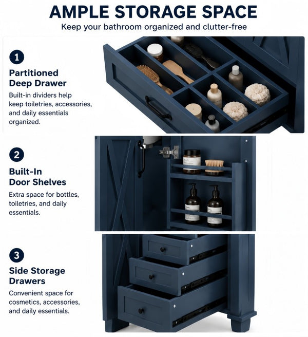 English Elm 36 Inch Freestanding Bathroom Vanity Solid Pine Cabinet with Ceramic Sink and 4 Drawers Navy Blue W5271S00010