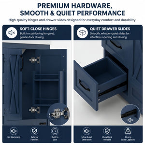 English Elm 36 Inch Freestanding Bathroom Vanity Solid Pine Cabinet with Ceramic Sink and 4 Drawers Navy Blue W5271S00010