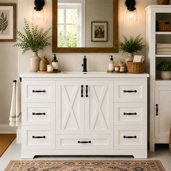 English Elm 48 Inch Farmhouse Bathroom Vanity Pine Wood Ceramic Sink Top Seven Soft-Close Drawers White W5271S00011